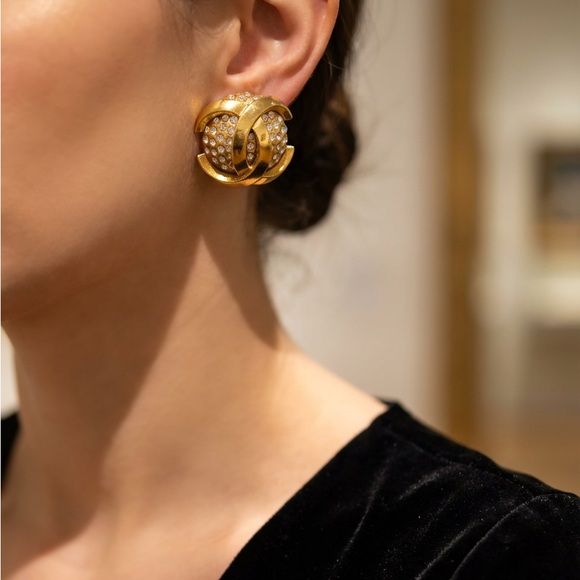 Chanel 23 Gold Plated CC Rhinestone Clip On Earrings - Picture 2 of 8